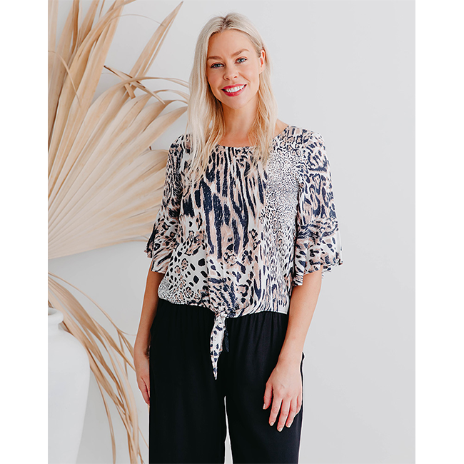 Freez Tie Top Beige Animal Print