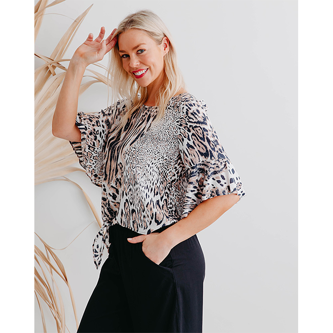 Freez Tie Top Beige Animal Print