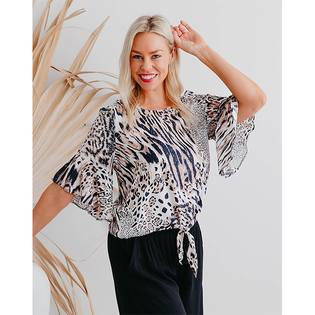 Freez Tie Top Beige Animal Print